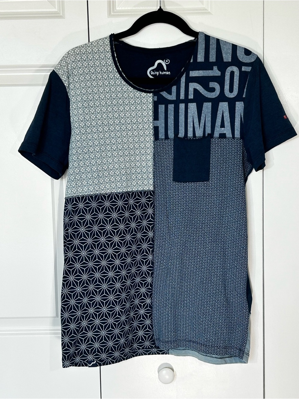 Being human Navy and Light Blue Patchwork Graphic Short Sleeve Tee